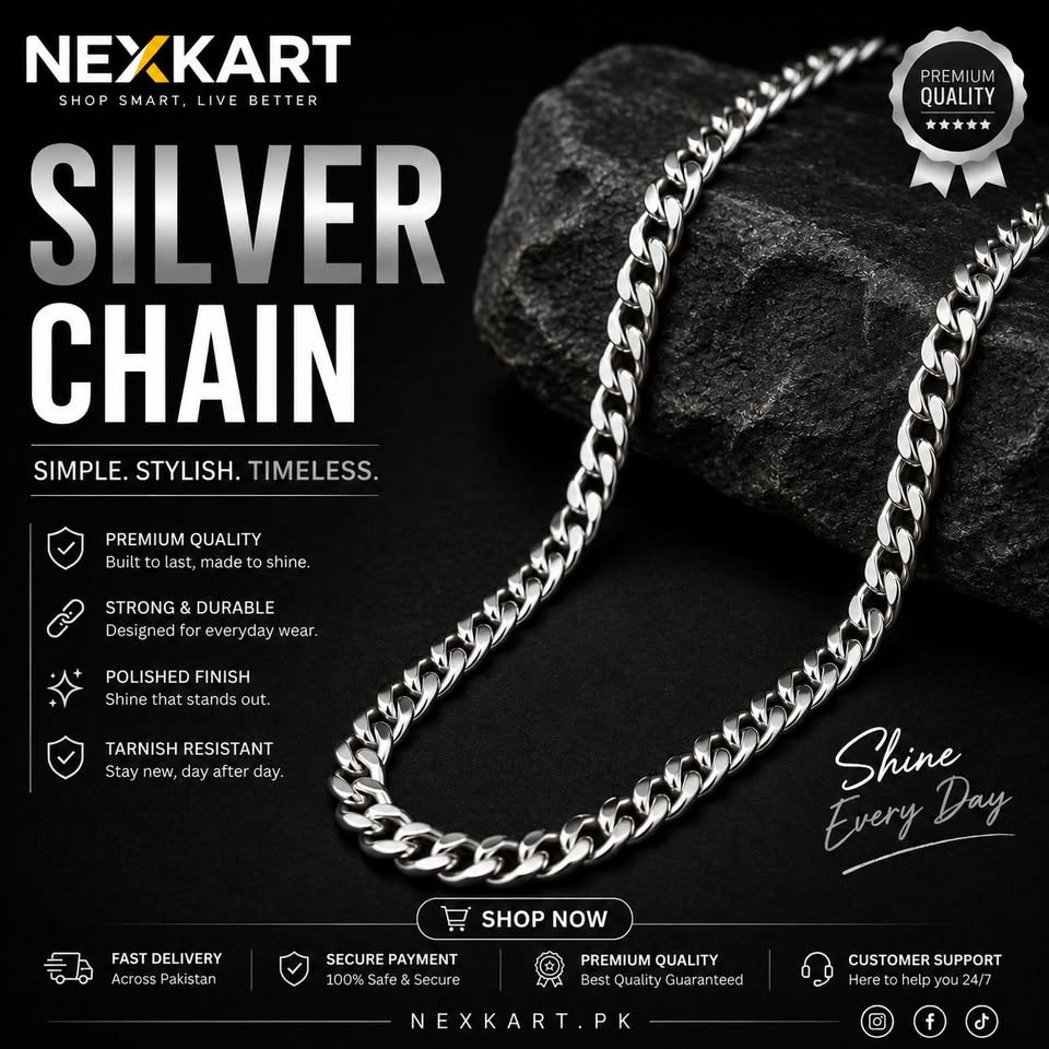 Nexkart Silver-Tone Chain Necklace – High-Shine Metallic Finish Fashion Jewelry, Anti-Tarnish Costume Necklace with Heavy Duty Lobster Clasp for Men and Women